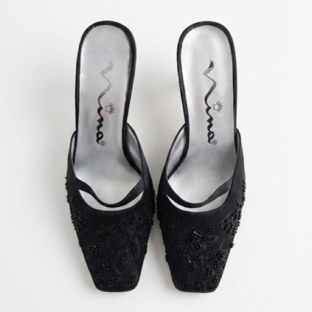 NINA Shoe 7 Beaded Black Leather Sole Elegant Slip-On Mule Vintage Glamour Y2K